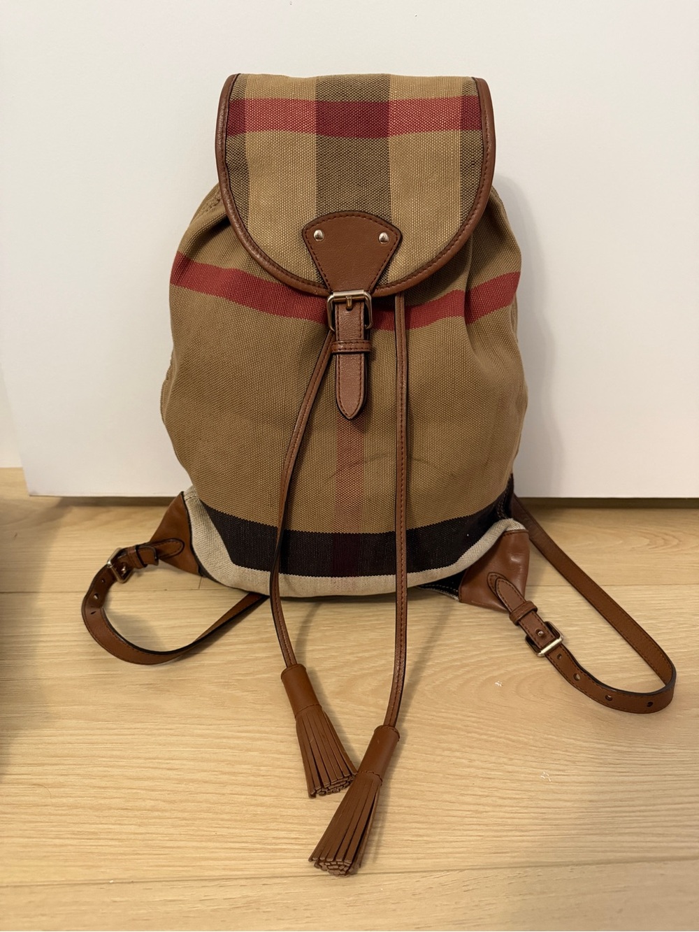 Burberry Tan Canvas Backpack with Brown Leather Trim and Red Stripe